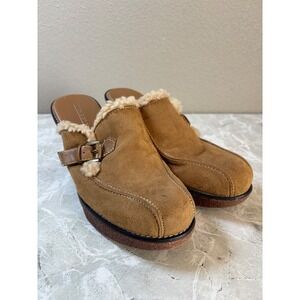 Lower East Side Womens Tan Suede Leather Faux Fur Wedge Mules Clogs Size 9.5 Y2K